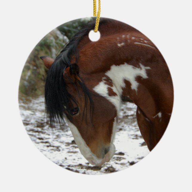 Prancing in Snow Ceramic Tree Decoration (Front)