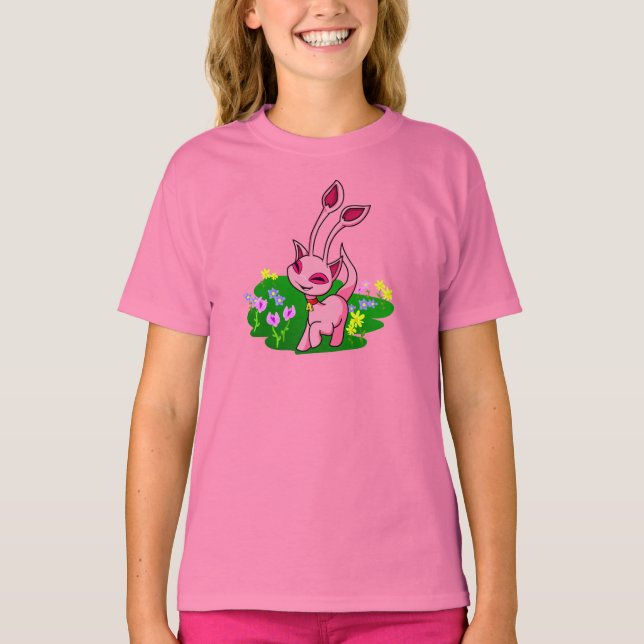 Prancing pink Aisha through flowers T-Shirt (Front)