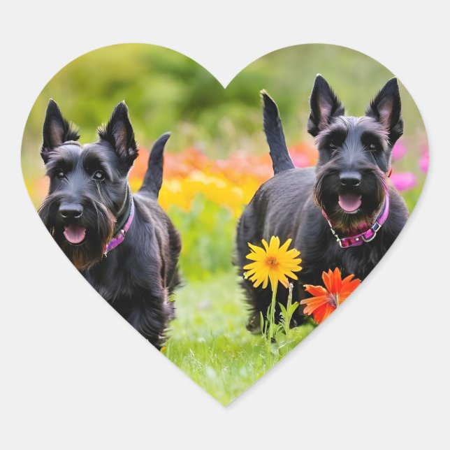 Prancing Scottish Terriers in grass and flowers Heart Sticker (Front)