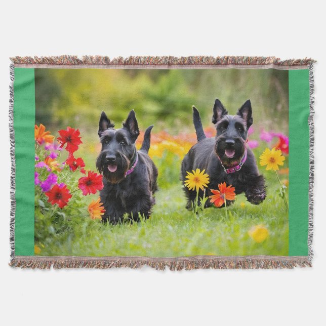 Prancing Scottish Terriers in grass and flowers Throw Blanket (Front)
