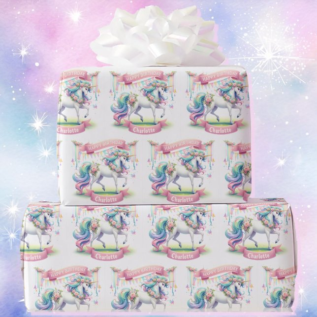 Prancing Unicorn Personalise Girl's Name Birthday Wrapping Paper (Creator Uploaded)