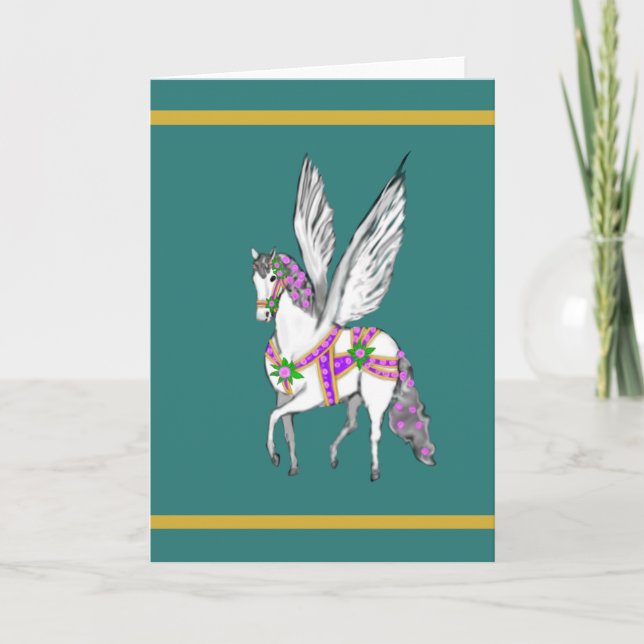 Prancing Vintage Carousel Pegasus Horse Card (Front)