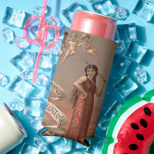 Prang's Valentine Cards AD, Woman & Cherubs Seltzer Can Cooler (In Situ Summer)