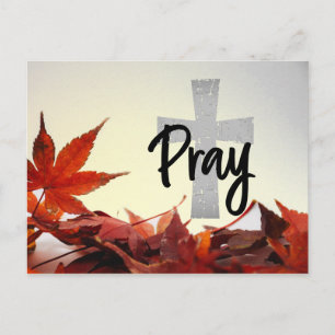 Pray Christian Cross, Autumn Red Leaves Postcard
