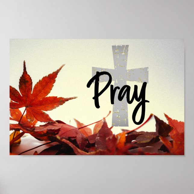 Pray Christian Cross, Autumn Red Leaves Poster (Front)