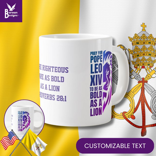 Pray for POPE LEO XIV Bold Lion Christian Catholic Large Coffee Mug (Celebrate the new pope w/ this PRAY FOR POPE LEO XIV mug w/ CUSTOMIZABLE TEXT. Great Catholics gift)