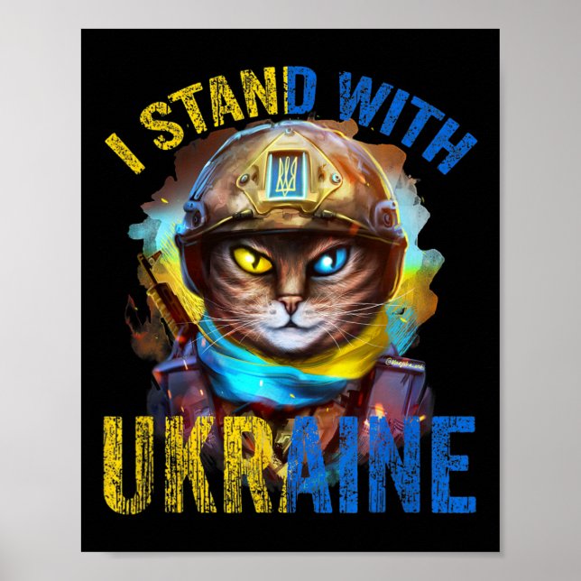 Pray For Support Ukrainian Cat Soldier Stand With  Poster (Front)