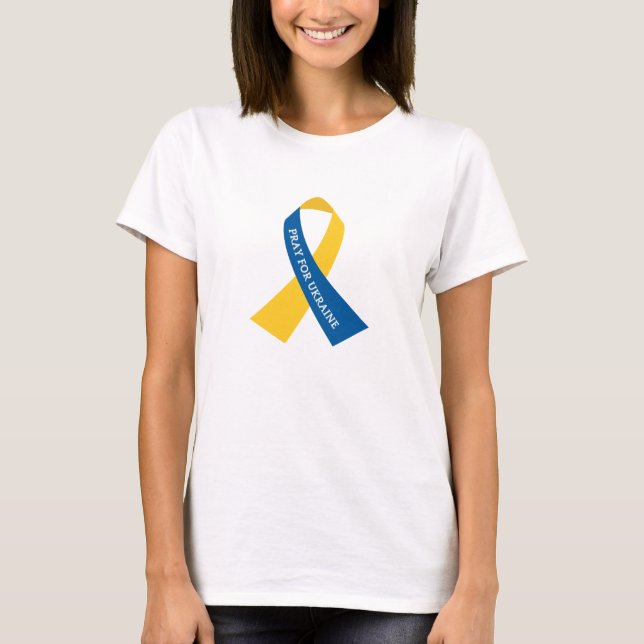 Pray for Ukraine Blue Yellow Ribbon T-Shirt (Front)