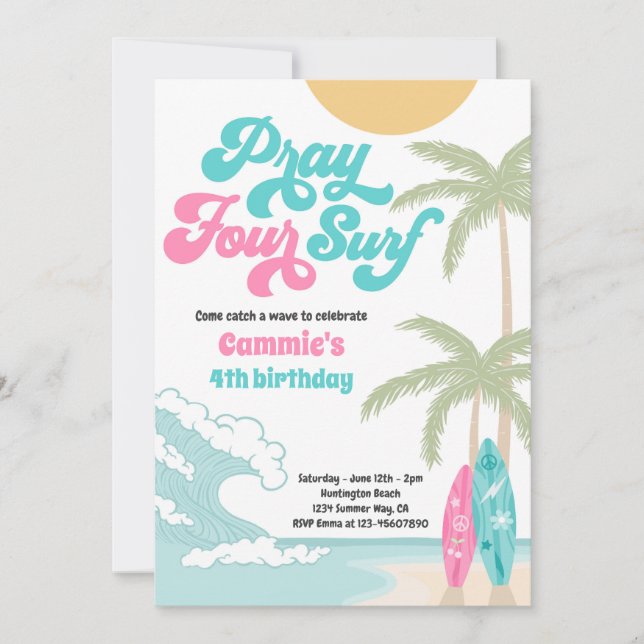 Pray Four Surf Retro Surf Beach 4th Birthday Invitation (Front)