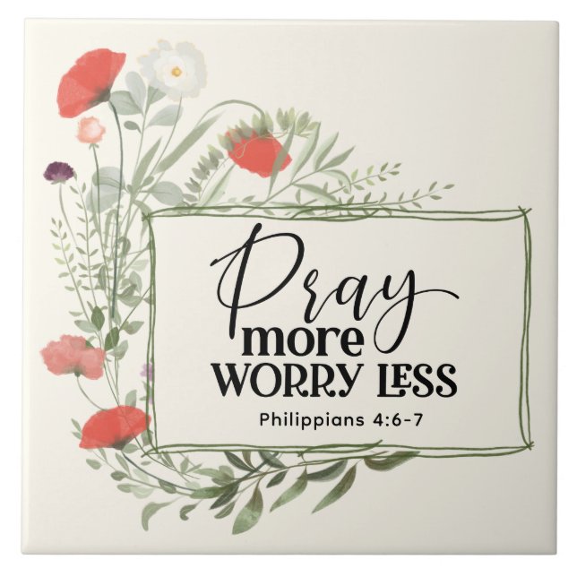 Pray More Worry Less Inspirational Quote Bible Tile (Front)
