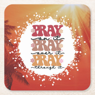 Pray Tropical Sunset Square Paper Coaster