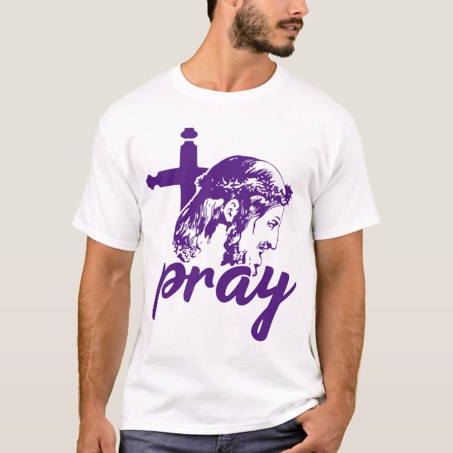 Pray Typography Jesus Image Purple T-Shirt (Front)