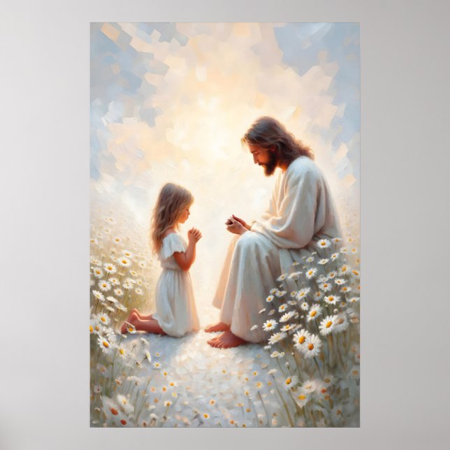 Pray With Me Jesus and Girl Painting Christian Poster (Front)