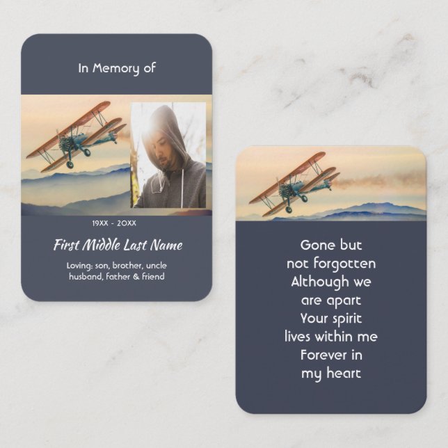 Prayer Card Memorial Keepsake  Clouds Biplane Sky (Front/Back)