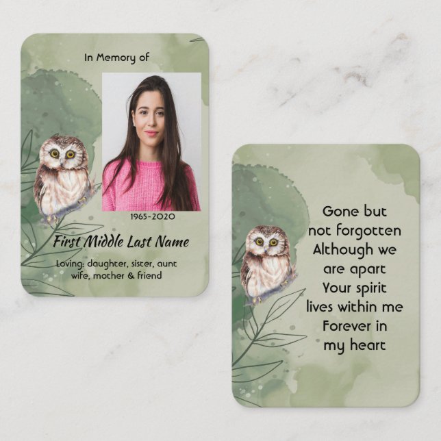 Prayer Card Memorial Keepsake Cute Owl Bird (Front/Back)