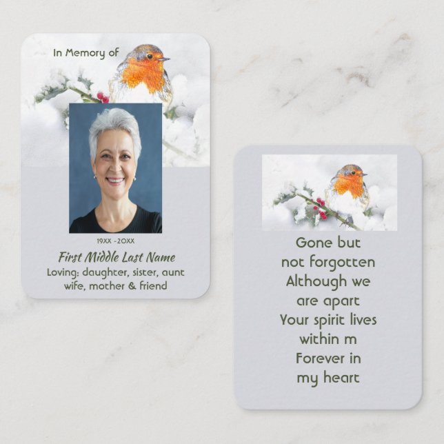 Prayer Card Memorial Keepsake English Robin Bird (Front/Back)