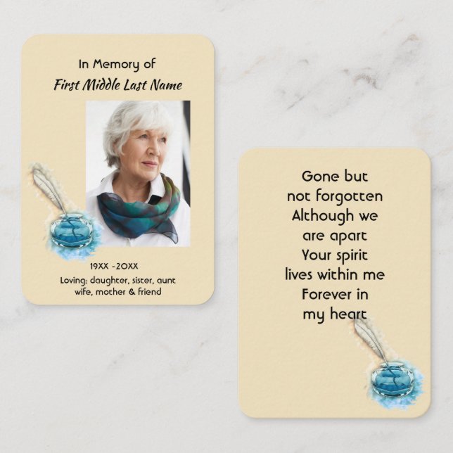 Prayer Card Memorial Keepsake Feather Pen  (Front/Back)