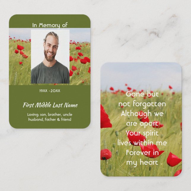 Prayer Card Memorial Keepsake Field of Red Poppy (Front/Back)