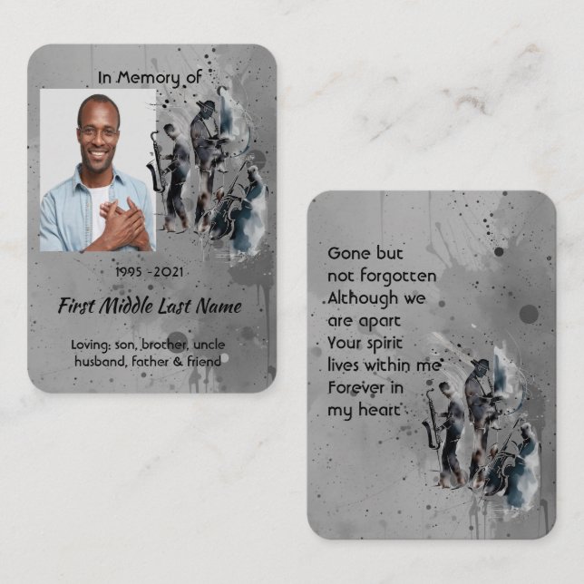 Prayer Card Memorial Keepsake Music Jazz Band (Front/Back)