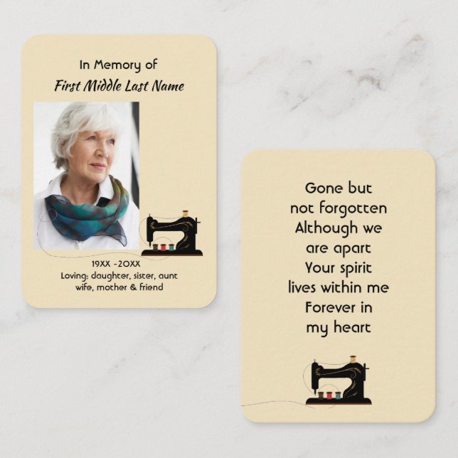 Prayer Card Memorial Keepsake Seamstress  (Front/Back)