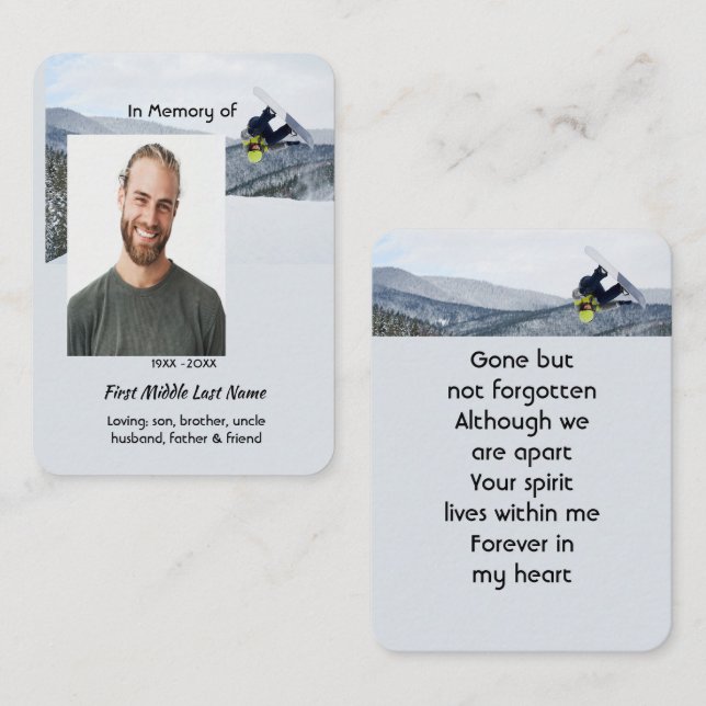 Prayer Card Memorial Keepsake Snowboarding Winter (Front/Back)