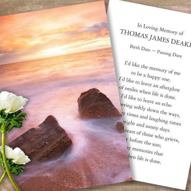 Prayer Cards for Funeral Beautiful Seascape (sunset, sunrise, beach, celebration of life, in loving memory of, prayer cards for bereavement)