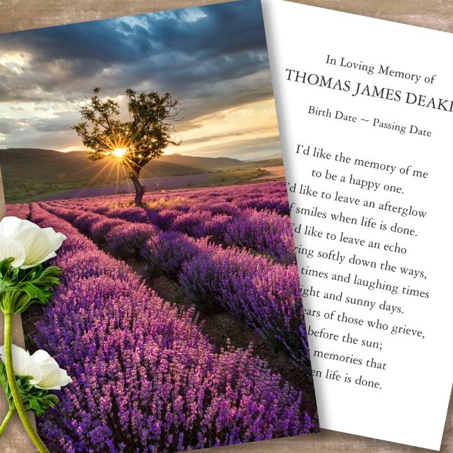 Prayer Cards for Funeral Lavender Sunrise (sunset, sunrise, lavender, celebration of life, in loving memory of, prayer cards for bereavement)