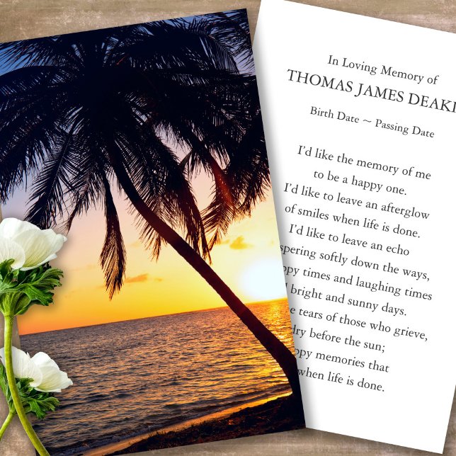 Prayer Cards for Funeral Palm Tree Sunrise (sunset, sunrise, beach, celebration of life, in loving memory of, prayer cards for bereavement)