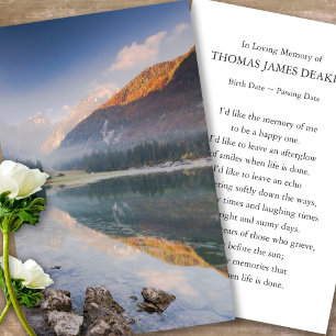 Prayer Cards for Funeral Sunrise Over The Lake