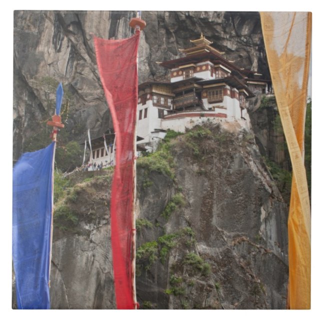 Prayer flags hang near Taktshang Tile (Front)