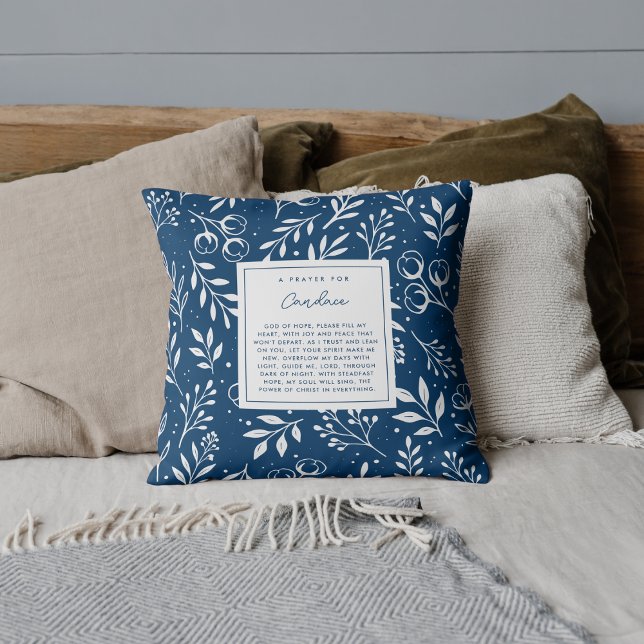  Prayer for Joy Peace Gift Scripture Blue Floral Cushion (Faith-filled scripture pillow featuring editable prayer poem front.)