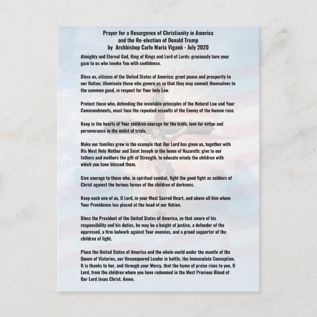 Prayer for President Trump and the USA -Vigano Postcard (Front)