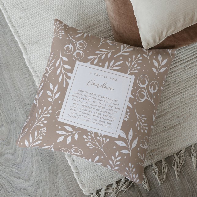  Prayer Keepsake Gift Scripture Tan Floral Cushion (Personalized prayer pillow with editable poem + scripture verse on back.)