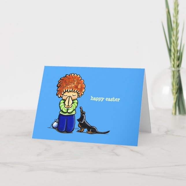Prayer Partners Boy w Dachshund Personalised Holiday Card (Front)