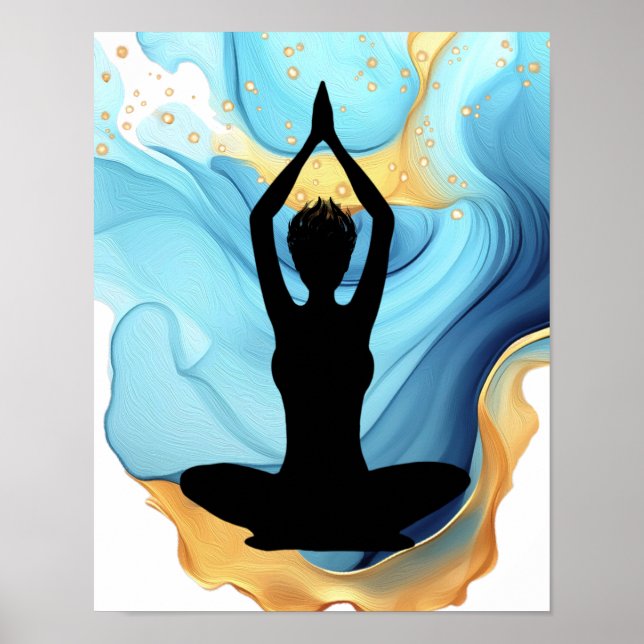 Prayer Pose Yoga woman Blue Gold short hair swirl  Poster (Front)