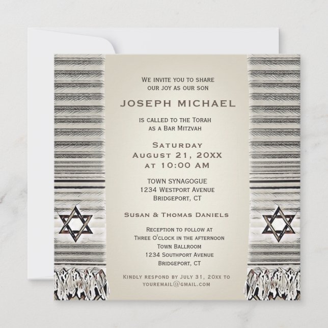 Prayer Shawl Tan Bar Mitzvah Invitation (Front)