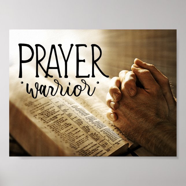 PRAYER WARRIOR Praying Hands on Open Bible Poster (Front)