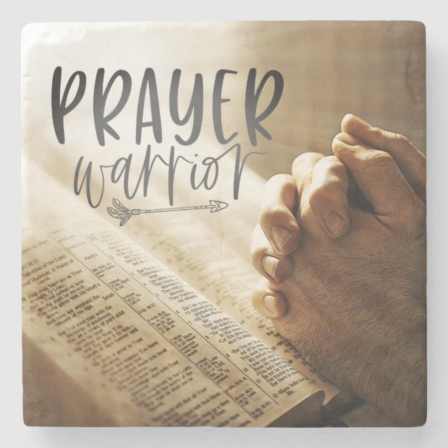 PRAYER WARRIOR Praying Hands on Open Bible Stone Coaster (Front)