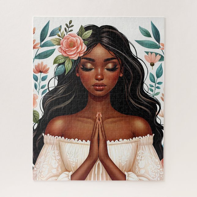 Praying African American Woman Floral Art Jigsaw Puzzle (Vertical)