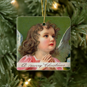 Praying Angel with Christmas Banner  Ceramic Ornament