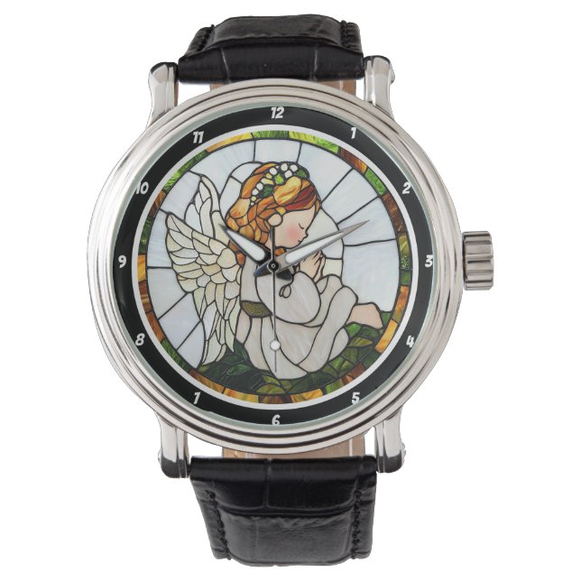 Praying Angel's Garden Stained Glass Floral Wall Watch (Front)