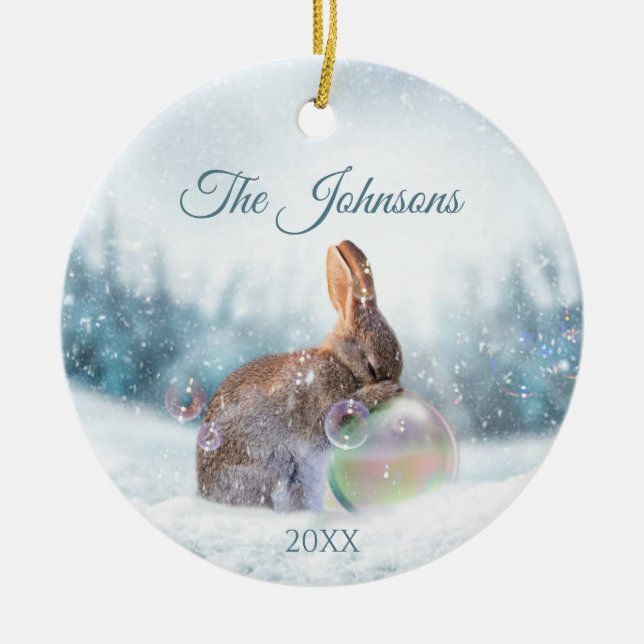 Praying Bunny Rabbit Christmas Religious Ornament (Front)