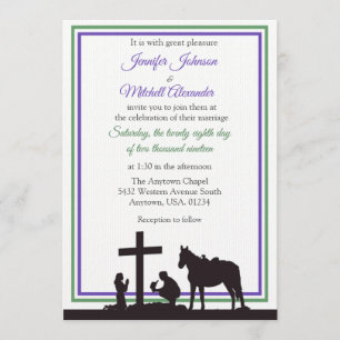 Praying Cowboy and Bride Purple Green Wedding Invitation