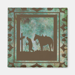 Praying Cowboy With Horse At Cross Magnet