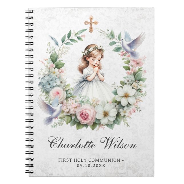 Praying Girl White Doves Floral First Communion Notebook (Front)