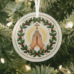 Praying Hands Christmas Holly Wreath Ceramic  Glass Tree Decoration