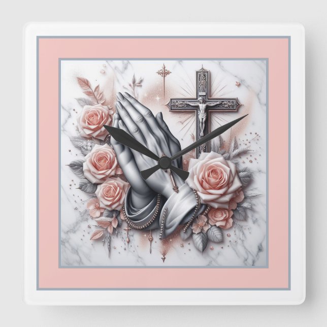 Praying Hands, Crucifix and Roses  Square Wall Clock (Front)