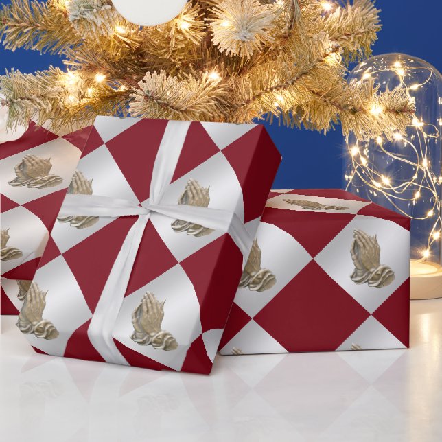 Praying hands religious faux silver maroon wrapping paper (Holidays)