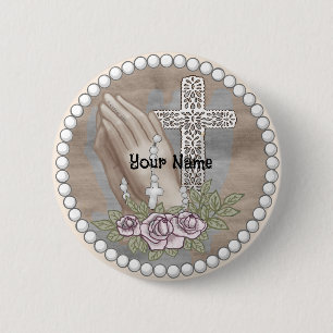 Praying Hands Rosary 6 Cm Round Badge