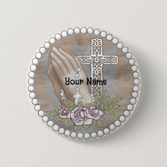 Praying Hands Rosary   6 Cm Round Badge (Front)